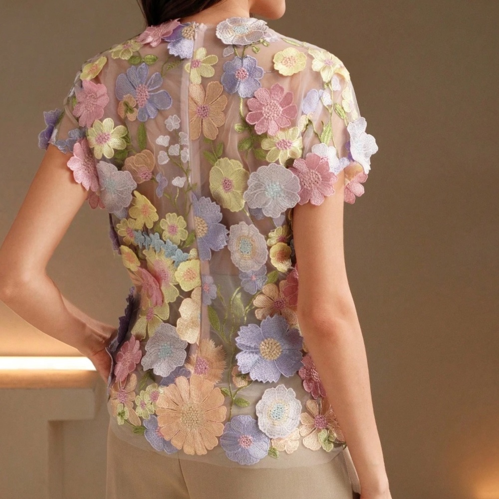Boho Pastel floral Appliqué Cottagecore blouse - Picture 4 of 8